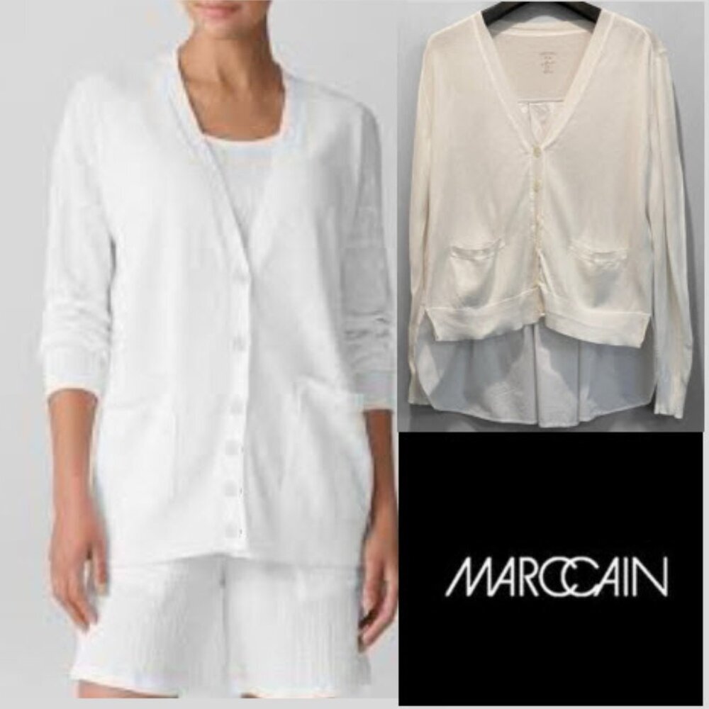 Marc Cain White Knit High Low Cardigan Cotton Button Front Size 2 Medium